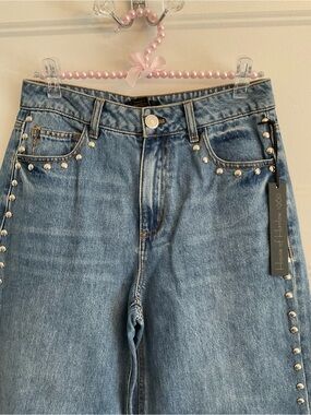 House of Harlow 1960 Light Blue Wide-Leg Jeans with Silver Stud Trim